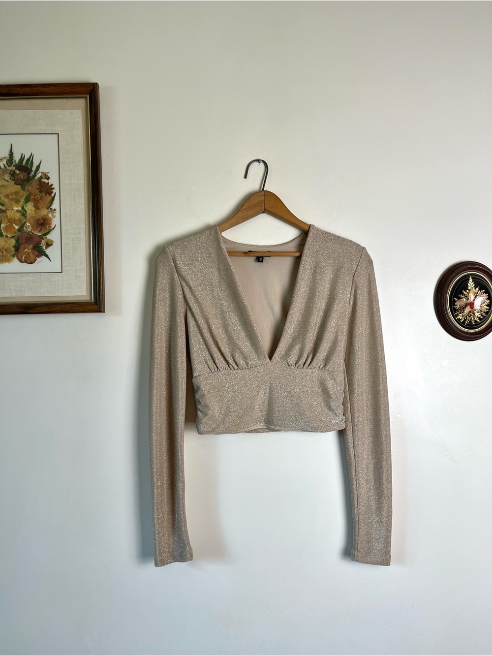 Dynamite Gold Shimmer Sparkle Long Sleeve Crop Top